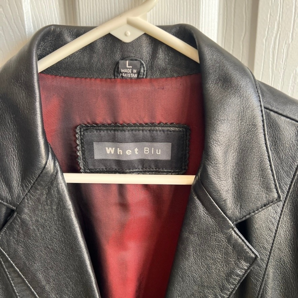 Whet‎ Blu Leather Blazer Jacket Womens Large Black Single Button Red Lining - Picture 2 of 11